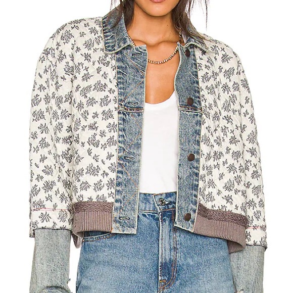 Free People Blue and White Floral Jean Jacket - Picture 1 of 4